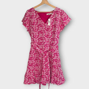 LOFT Pink Fit & Flare Dress 14 Tie Waist V-Neck Cotton Resort Y2K Revival NEW